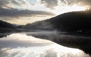 Preview wallpaper river, fog, forest, trees, clouds