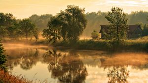 Preview wallpaper river, fog, house, morning, beams, sun, dawn, awakening