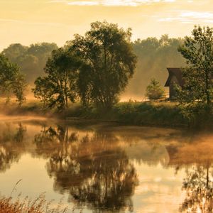 Preview wallpaper river, fog, house, morning, beams, sun, dawn, awakening