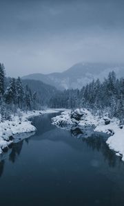 Preview wallpaper river, fog, snow, winter, trees