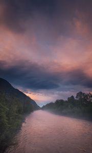 Preview wallpaper river, fog, sunset