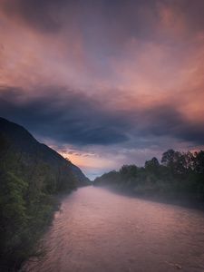 Preview wallpaper river, fog, sunset
