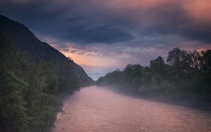 Preview wallpaper river, fog, sunset
