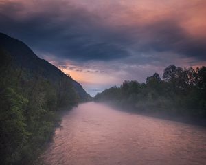 Preview wallpaper river, fog, sunset