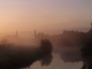 Preview wallpaper river, fog, trees, nature, landscape
