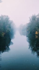 Preview wallpaper river, fog, trees, bushes, reflection
