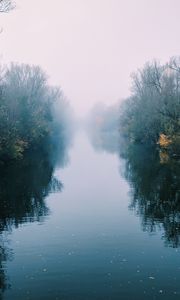 Preview wallpaper river, fog, trees, bushes, reflection