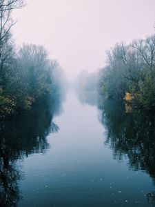 Preview wallpaper river, fog, trees, bushes, reflection