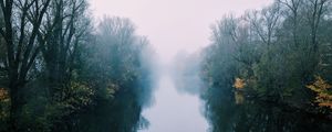 Preview wallpaper river, fog, trees, bushes, reflection