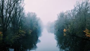 Preview wallpaper river, fog, trees, bushes, reflection