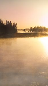 Preview wallpaper river, fog, trees, nature, sunrise