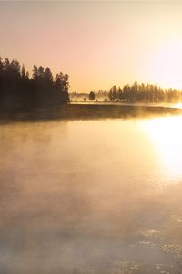 Preview wallpaper river, fog, trees, nature, sunrise