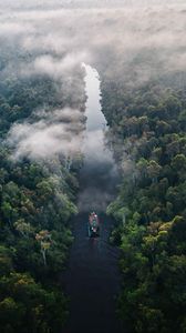 Preview wallpaper river, forest, boat, clouds, aerial view