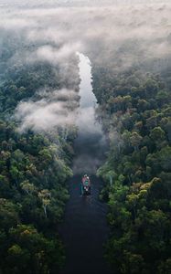 Preview wallpaper river, forest, boat, clouds, aerial view