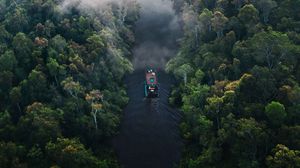 Preview wallpaper river, forest, boat, clouds, aerial view