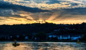 Preview wallpaper river, forest, buildings, sunset, rays, dark