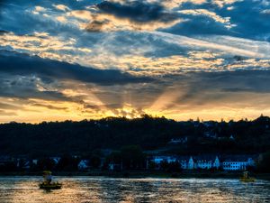 Preview wallpaper river, forest, buildings, sunset, rays, dark