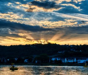 Preview wallpaper river, forest, buildings, sunset, rays, dark