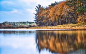 Preview wallpaper river, forest, coast, reflection, autumn, landscape