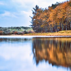 Preview wallpaper river, forest, coast, reflection, autumn, landscape