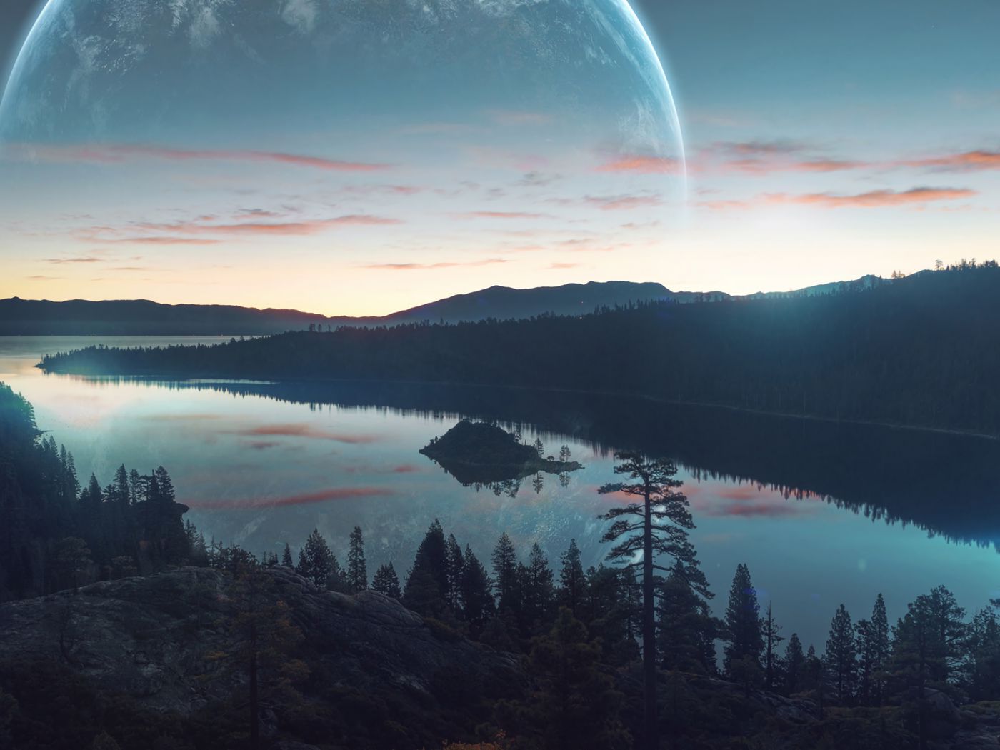 1400x1050 Wallpaper river, forest, mountains, sky, sunset, reflection, fantastic
