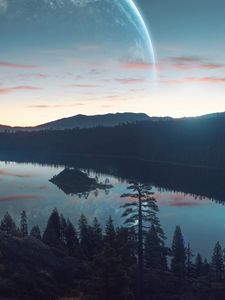 Preview wallpaper river, forest, mountains, sky, sunset, reflection, fantastic