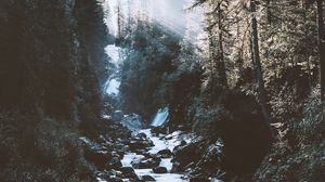 Preview wallpaper river, forest, mountains, sunlight, landscape, morning