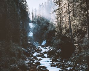 Preview wallpaper river, forest, mountains, sunlight, landscape, morning