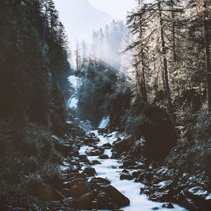 Preview wallpaper river, forest, mountains, sunlight, landscape, morning