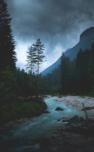 Preview wallpaper river, forest, mountains, dusk, landscape