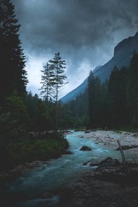 Preview wallpaper river, forest, mountains, dusk, landscape