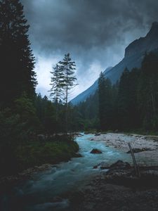 Preview wallpaper river, forest, mountains, dusk, landscape