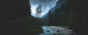 Preview wallpaper river, forest, mountains, dusk, landscape