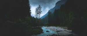 Preview wallpaper river, forest, mountains, dusk, landscape