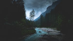 Preview wallpaper river, forest, mountains, dusk, landscape