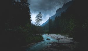 Preview wallpaper river, forest, mountains, dusk, landscape