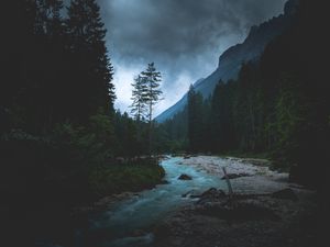 Preview wallpaper river, forest, mountains, dusk, landscape