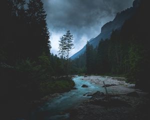 Preview wallpaper river, forest, mountains, dusk, landscape