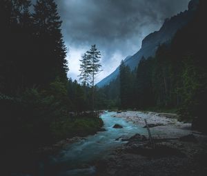 Preview wallpaper river, forest, mountains, dusk, landscape