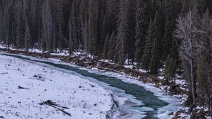 Preview wallpaper river, forest, mountains, snow, landscape