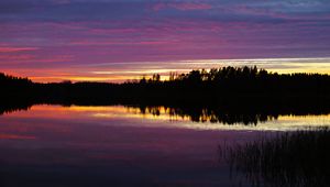 Preview wallpaper river, forest, silhouettes, evening, dark