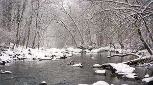 Preview wallpaper river, forest, snow, stones, water, winter