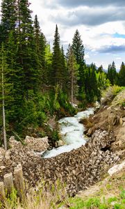 Preview wallpaper river, forest, spruce, stones, stream