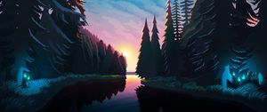 Preview wallpaper river, forest, sunset, landscape, art