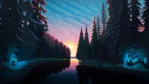 Preview wallpaper river, forest, sunset, landscape, art