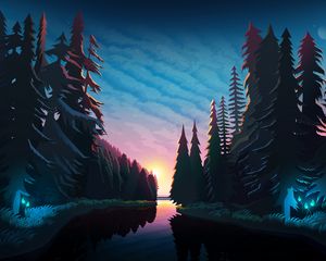 Preview wallpaper river, forest, sunset, landscape, art