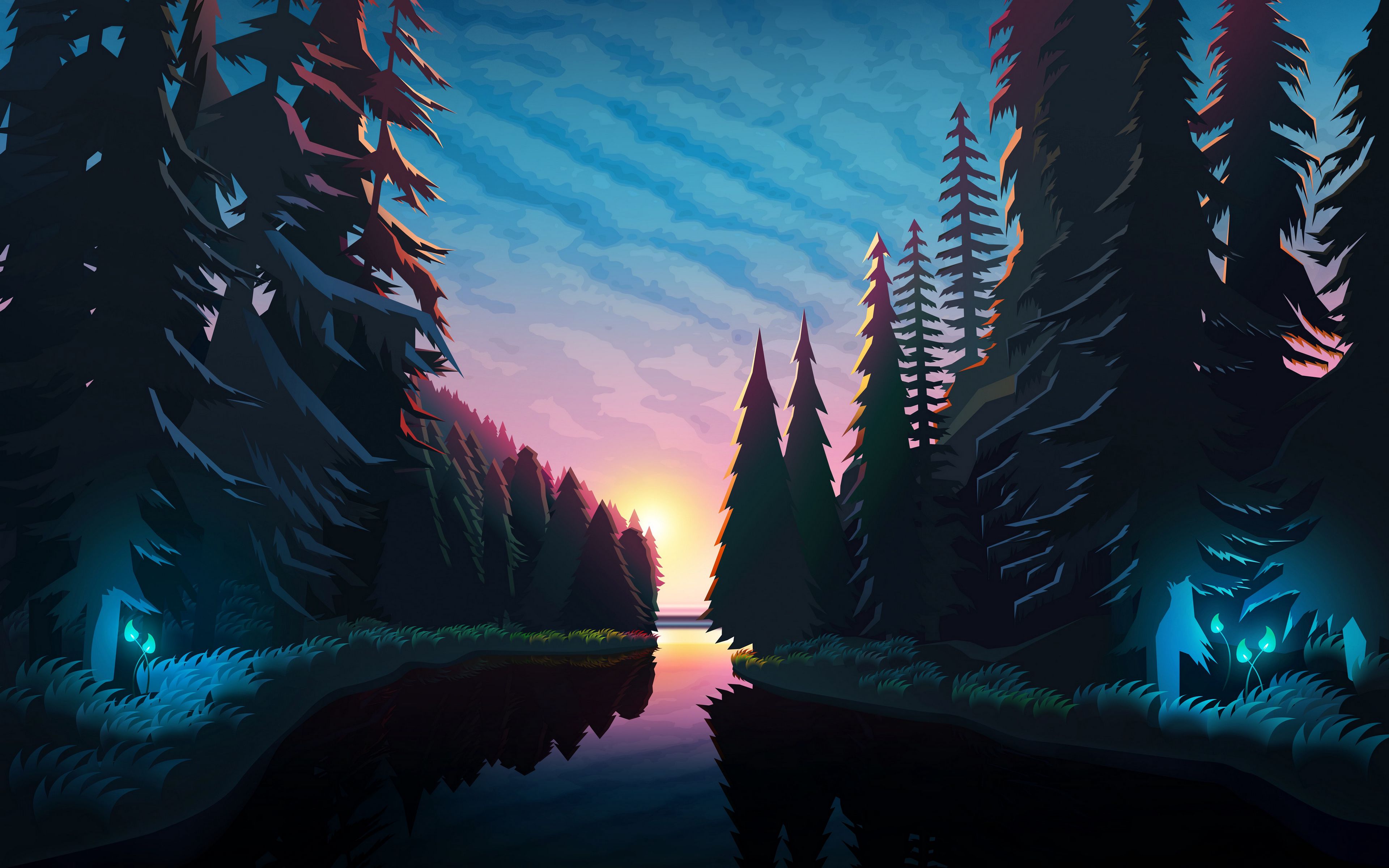 Download wallpaper 3840x2400 river, forest, sunset, landscape, art 4k