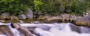 Preview wallpaper river, forest, trees, stones, long exposure, landscape, nature