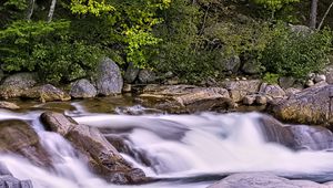 Preview wallpaper river, forest, trees, stones, long exposure, landscape, nature