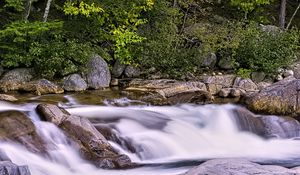 Preview wallpaper river, forest, trees, stones, long exposure, landscape, nature